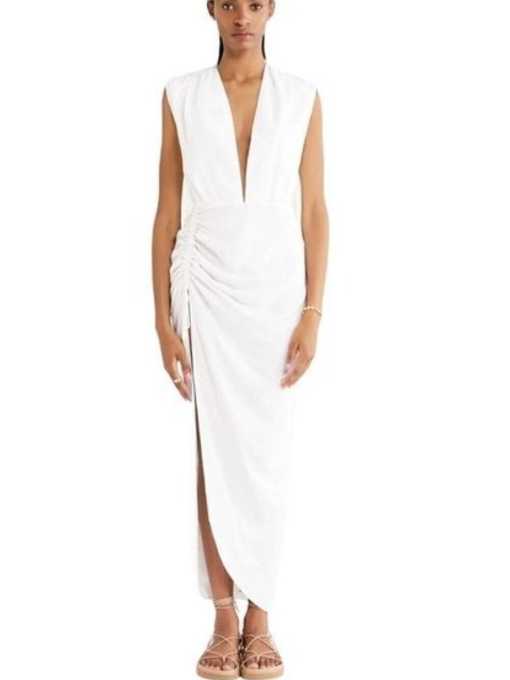 Rumer $299 Tully White Plunging Neckline Slit Maxi Boho Dress NWT Sz Medium